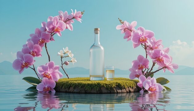 Clear glass bottle and a small shot glass sit on a mossy island surrounded by pink orchids in the middle of a calm lake.