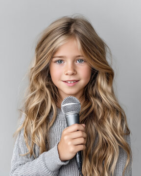 Blonde girl holding microphone long wavy hair blue eyes gray sweater smiling studio portrait child European confident