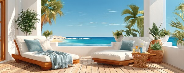 Obraz na płótnie Canvas Relaxing outdoor lounge on a sunny terrace with ocean view and tropical plants