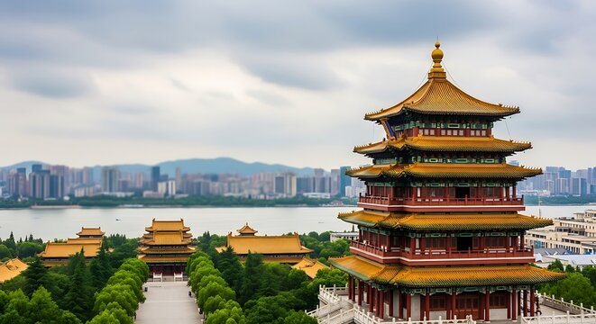 Traditional Chinese pagodas and buildings with a city skyline in the China traditional architecture