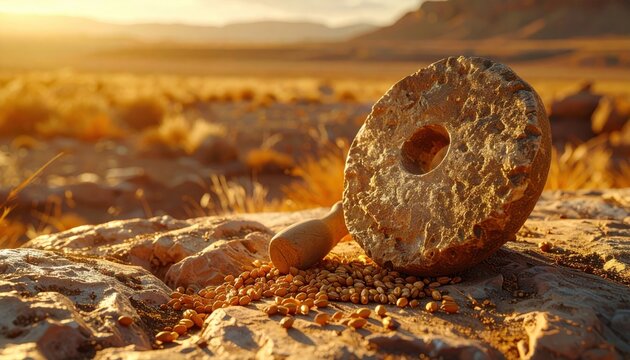 Ancient primitive stone grinding set with pestle and grains on rocky terrain under warm sunlight