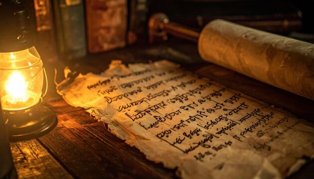 Ancient Sanskrit handwritten text on a fragile rolled palm leaf manuscript, showcasing historical writing and cultural heritage