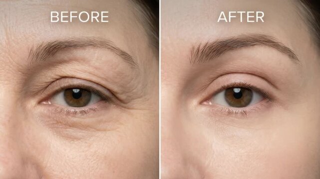 Close-up comparison of a woman's eye area shows wrinkle reduction after an anti-aging treatment