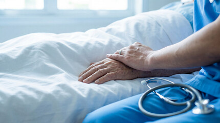 Obraz premium Caring doctor holds the hand of an elderly patient in a hospital bed, providing comfort and compassionate support