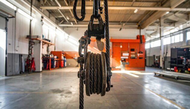 Close up of a heavy duty pulley system with cables and rigging, ready for industrial lifting operations in a workshop setting