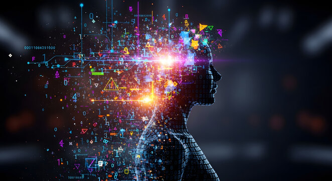 Mind's Digital Tapestry: An ethereal depiction of a person, their silhouette enshrouded in a vibrant explosion of interconnected digital elements.