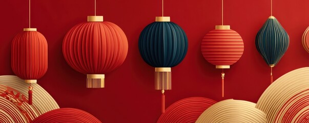 Fototapeta premium Chinese New Year festive lanterns and golden patterns on red decorative background