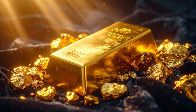 Polished Solid Gold Bar Gleaming With Precious Gold Nuggets Under Dramatic Spotlights