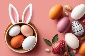 Fototapeta premium Easter eggs and bunny ears on a pink background with wooden bowl and pastel decorations
