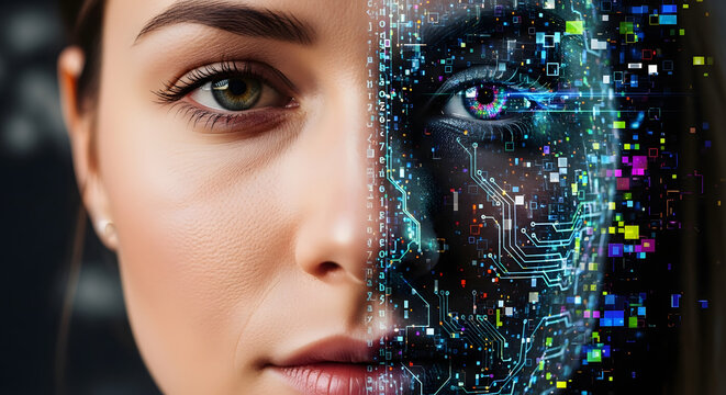 Digital Soul: A woman's face morphs into a digital matrix, embodying the fusion of human and technology, a visual exploration of the modern era