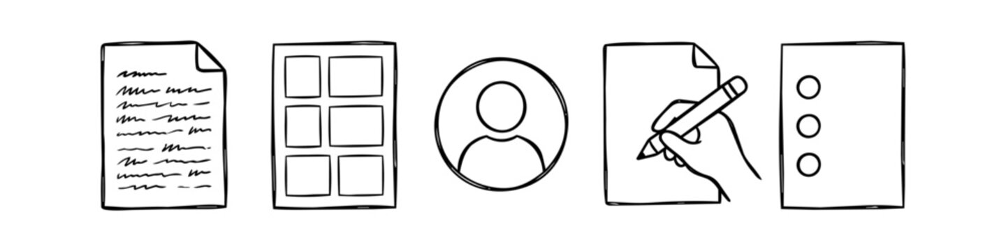 Hand-drawn doodle icon set featuring a document, storyboard, user profile, hand writing with a pencil, and a list. Black line art on a white background for creative and business projects.