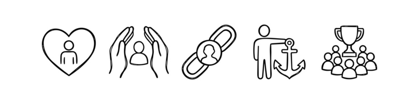 Hand-drawn line art icon set illustrating core human and business values: empathy, protection, networking, stability, and group achievement. Minimalist black sketches on white background.
