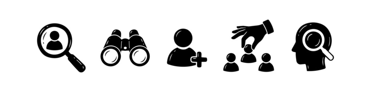 Set of recruitment and human resources icons featuring headhunting, talent selection, and job search symbols in black on a white background.