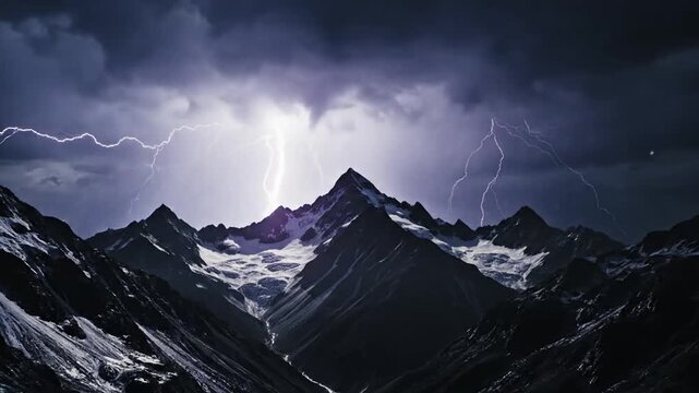 Dramatic mountain peaks illuminated by a powerful lightning strike during a severe thunderstorm