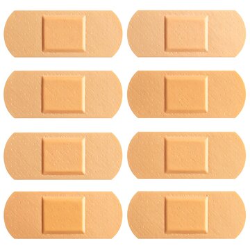 Eight adhesive bandages arranged symmetrically against a clean white backdrop, illustrating first aid for minor cuts and abrasions