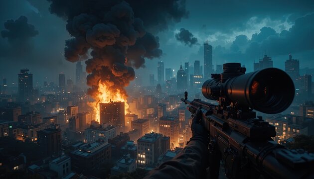 Sniper holding a precision rifle sights a massive conflagration engulfing a downtown skyscraper at twilight