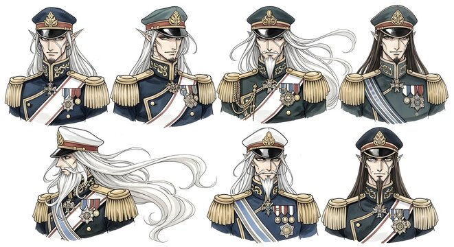 Illustrated portraits of fantasy elf military officers. Male characters with long white hair, showcasing varied decorated uniforms, hats, and medals, representing high command