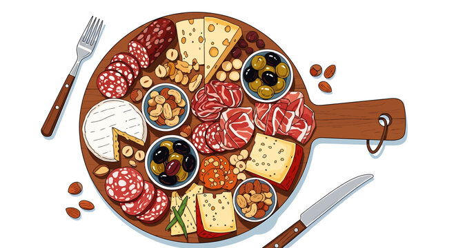 Delicious charcuterie board with cheese meats nuts and olives on wooden platter with cutlery