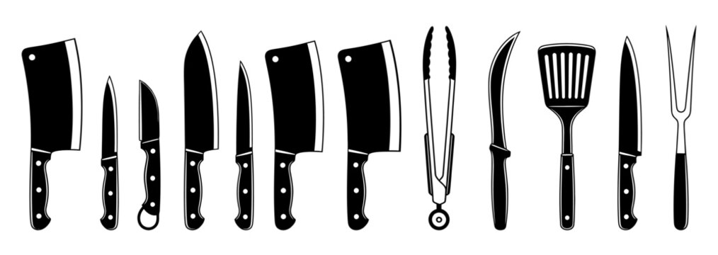 Black and white illustration of various kitchen knives and utensils