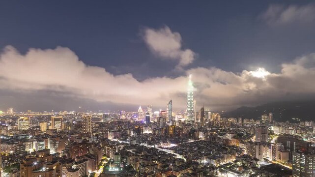 Time Lapse of clouds and the moon moving above the skyline of Taipei Taiwan at night.