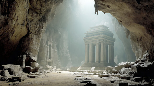 Monumental stone temple built inside a giant dark cave, sunlight illuminating a classical structure with pillars, mystery archaeological adventure exploration concept.