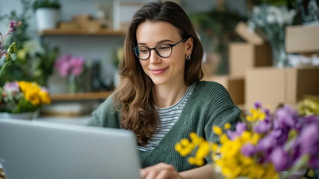 Young woman works on product prototype at kitchen table surrounded by spring flowers and packaging materials during evening side hustle hours, ideal for entrepreneurial lifestyle a