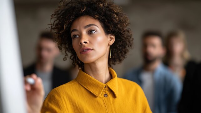 Focused Strategy: A woman in a yellow shirt concentrates intensely, writing on a whiteboard during a meeting, embodying clear strategic planning and focused attention. 