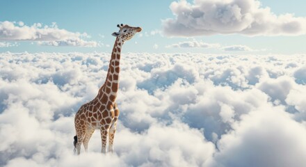 Fototapeta premium Cloud Walker: A majestic giraffe gazes skyward amidst a sea of fluffy clouds, evoking a sense of wonder and freedom.