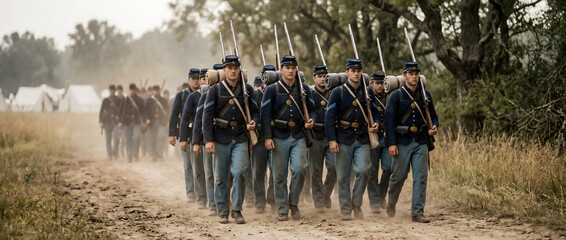 Naklejka premium Cinematic view of a column of American Civil War Union soldiers marching in formation down a dusty dirt road near a military encampment.