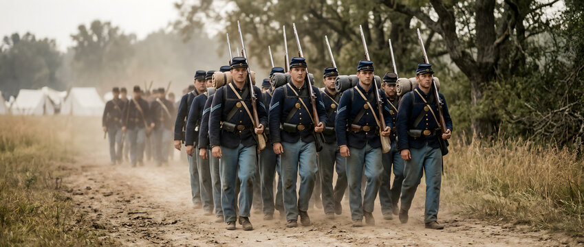 Cinematic view of a column of American Civil War Union soldiers marching in formation down a dusty dirt road near a military encampment.
