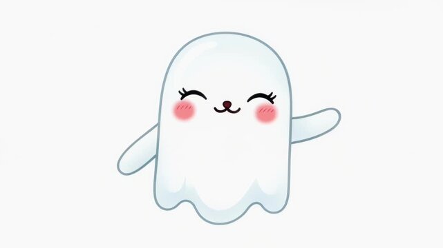 Adorable cute cartoon ghost with rosy cheeks, friendly smile, and waving arms in pastel illustration.