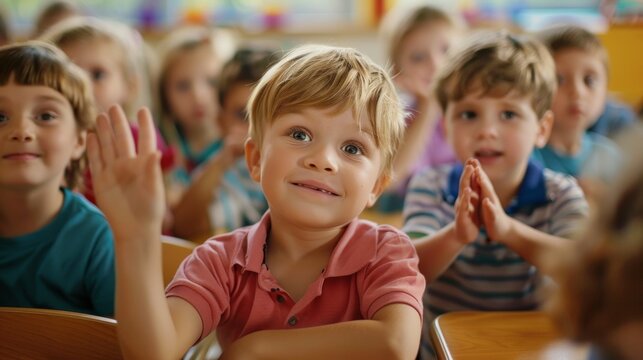 A little boy in the classroom happily raises his hand amongst the other preschoolers, serving as the main backdrop for the educational content.