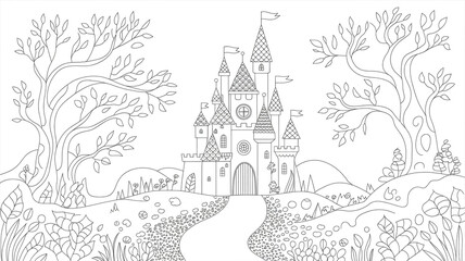 Naklejka premium A whimsical castle illustration with trees and a winding path isolated on white background