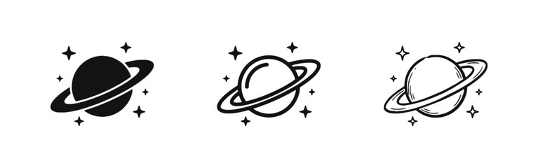 Saturn Planet Icon Set - Astronomy Space Cosmos and Orbit Symbol © drawing lines