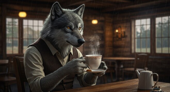Wolf enjoying Tea: A captivating scene presents a wolf in attire, engrossed in the pleasure of drinking a hot tea. Capturing a unique moment of personification, this image shows a charming.