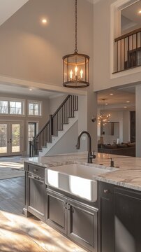 A spacious kitchen with a marble worktop, a farmhouse sink and a pendant light &ndash; the perfect backdrop for interior design magazines, luxury property adverts or country house design features.