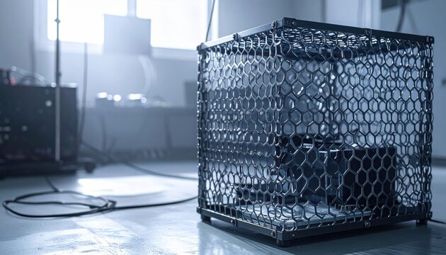 A robust Faraday cage, constructed from conductive mesh, provides essential electromagnetic shielding for sensitive electronic equipment within its protective enclosure, in a modern lab setting.