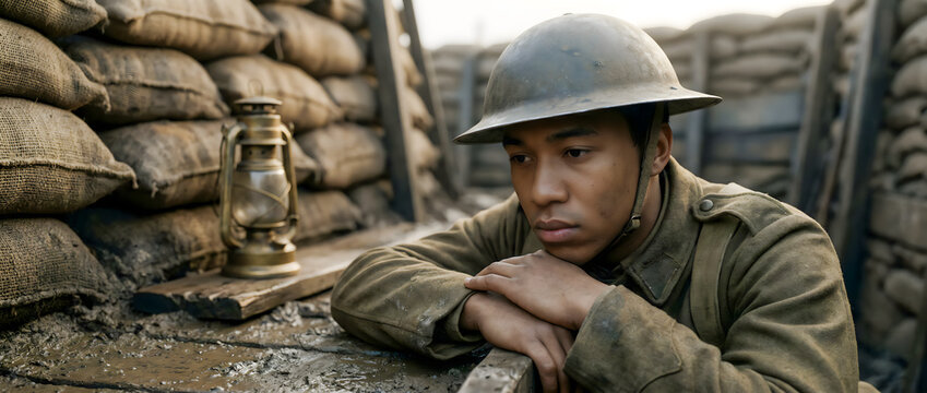 Poignant cinematic portrait of an exhausted African American soldier resting thoughtfully in a sandbag trench during World War I.