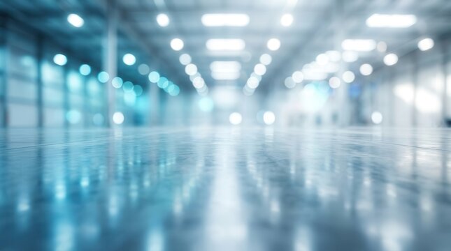 An industrial warehouse and factory interior with a blurred bokeh background.