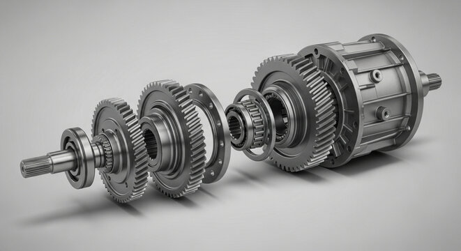 Exploded view of a complex mechanical gearbox assembly showcasing gears, shafts, and bearings on a grey background.