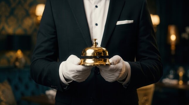 Concept of the service industry featuring a butler with a gold service bell.