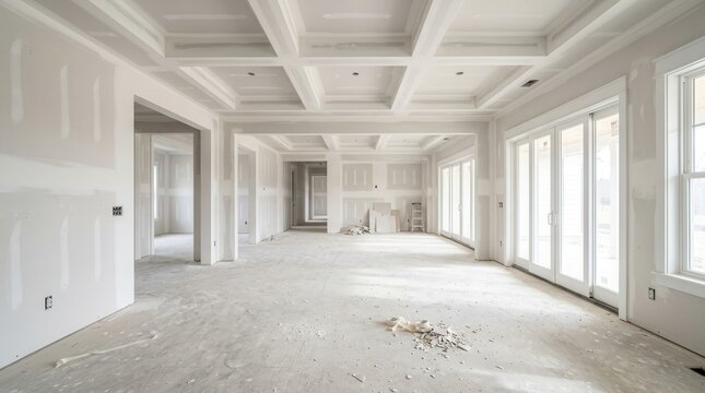 Interior view of a modern living room undergoing construction with fresh putty on walls.