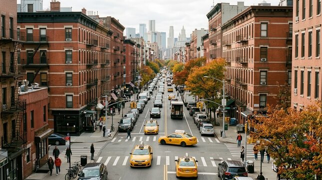 New York City Lower East Side urban landscape with yellow taxis on the street.