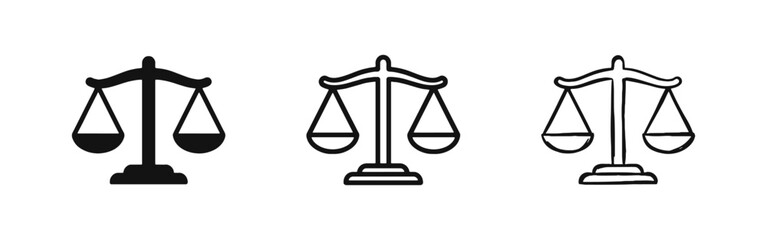 Fototapeta premium Scales of justice and law icon set, three styles of legal and equality symbols for court and balance