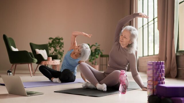 Two senior women in sportswear watching online tutorial on laptop, doing yoga