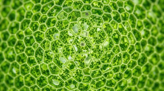 Natural plant biology pattern revealed through a green leaf cell structure under a microscope.