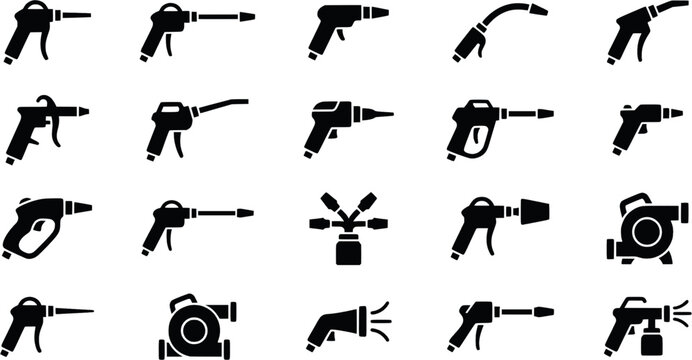 Silhouette collection of four air blow guns on white background
