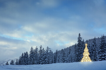 Naklejka premium Christmas tree in the winter forest at night .