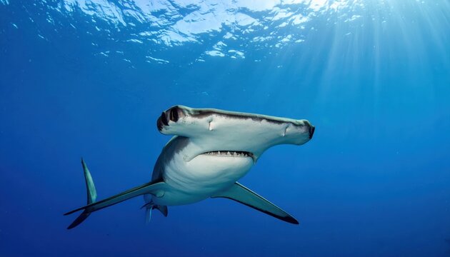 A majestic hammerhead shark glides gracefully through the clear blue ocean depths illuminated by sunlight