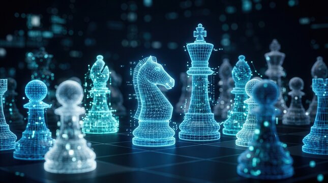 Technological advancement concept featuring illuminated wireframe chess pieces on a chessboard.